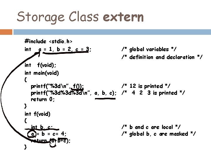Storage Class extern #include <stdio. h> int a = 1, b = 2, c Storage Class extern #include <stdio. h> int a = 1, b = 2, c