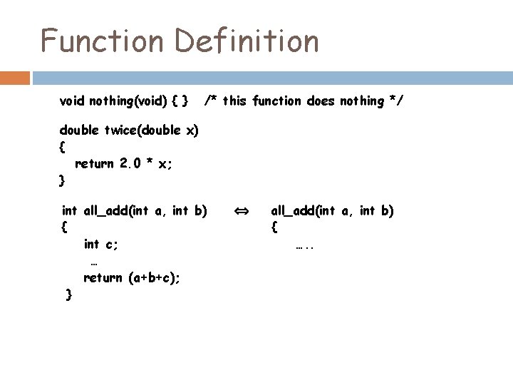 Function Definition void nothing(void) { } /* this function does nothing */ double twice(double Function Definition void nothing(void) { } /* this function does nothing */ double twice(double