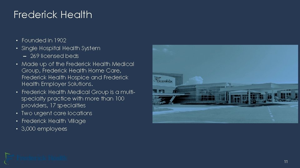 Frederick Health • Founded in 1902 • Single Hospital Health System – 269 licensed