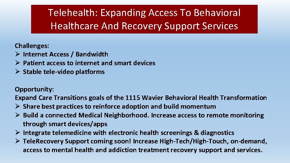 Telehealth: Expanding Access To Behavioral Healthcare And Recovery Support Services Challenges: Ø Internet Access