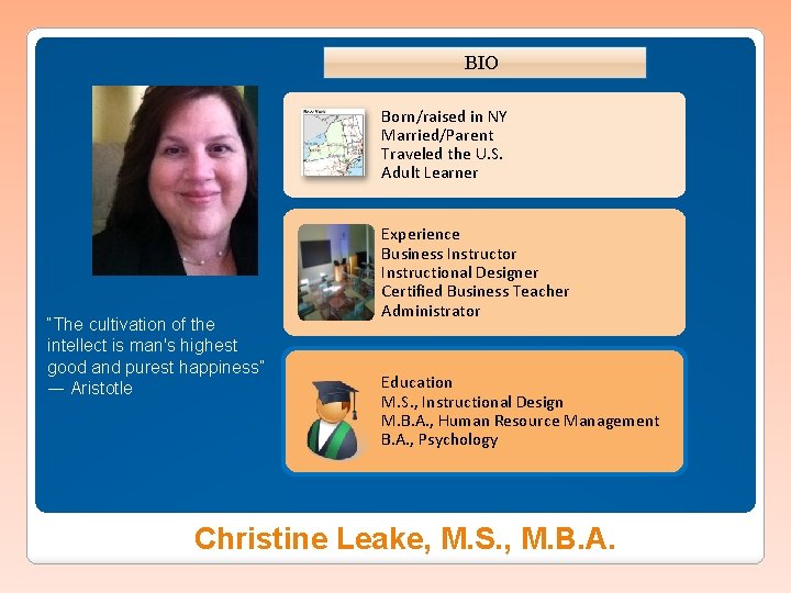 BIO Born/raised in NY Married/Parent Traveled the U. S. Adult Learner “The cultivation of