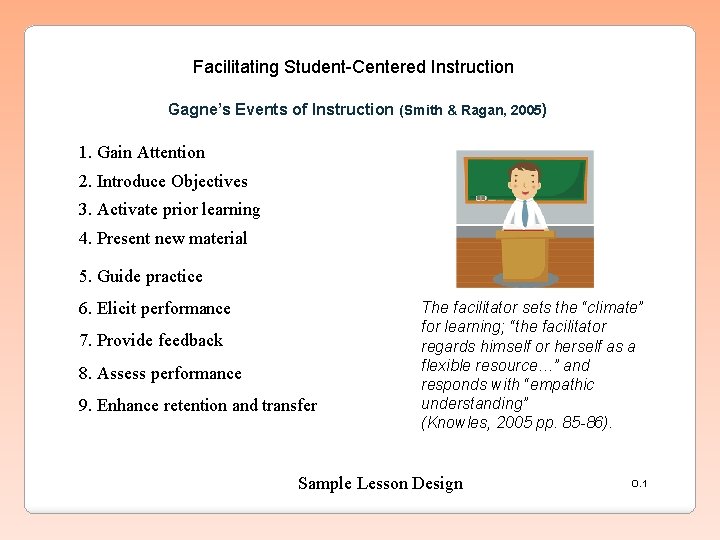 Facilitating Student-Centered Instruction Gagne’s Events of Instruction (Smith & Ragan, 2005) 1. Gain Attention