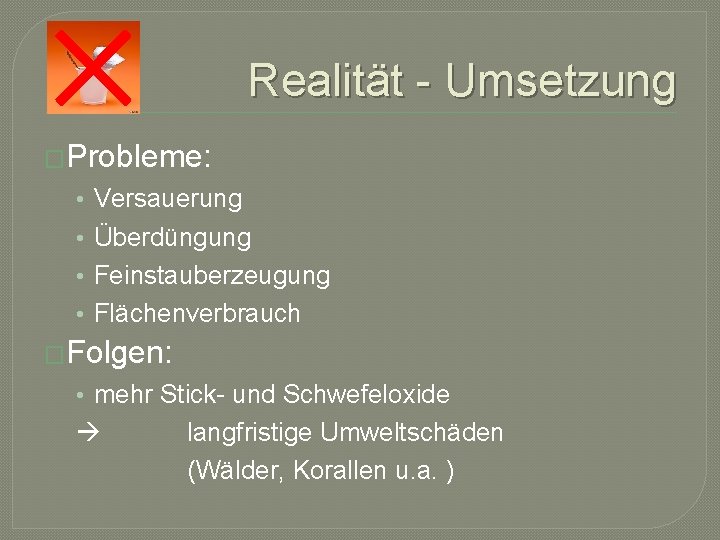 Realität - Umsetzung �Probleme: • Versauerung • Überdüngung • Feinstauberzeugung • Flächenverbrauch �Folgen: •