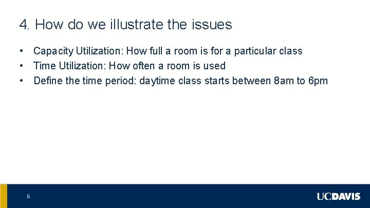 4. How do we illustrate the issues • Capacity Utilization: How full a room