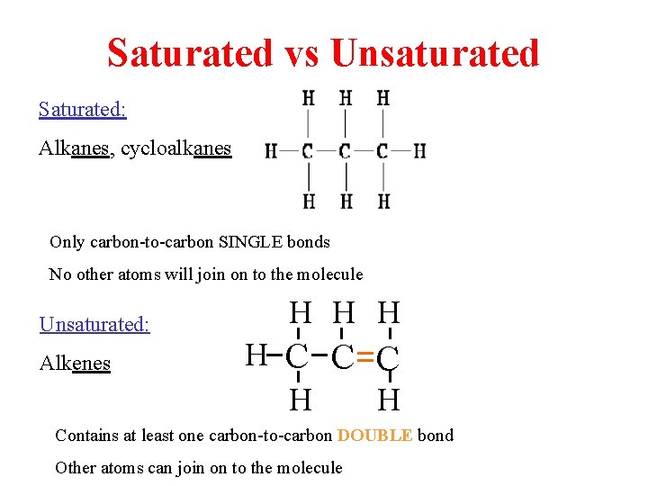Saturated vs Unsaturated Saturated: Alkanes, cycloalkanes Only carbon-to-carbon SINGLE bonds No other atoms will