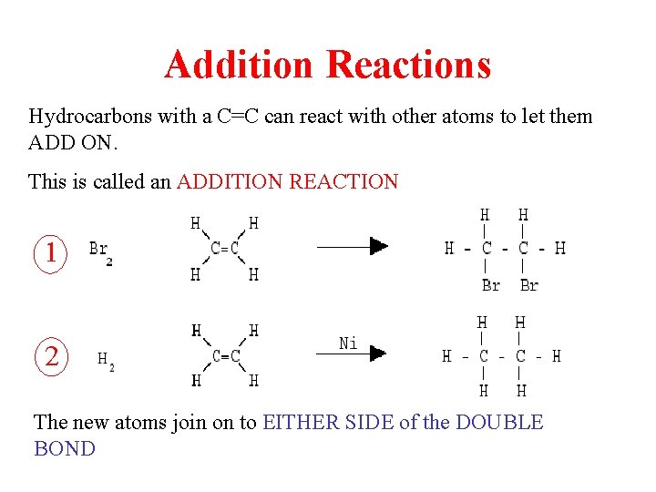 Addition Reactions Hydrocarbons with a C=C can react with other atoms to let them