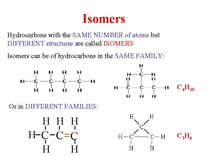 Isomers Hydrocarbons with the SAME NUMBER of atoms but DIFFERENT structures are called ISOMERS