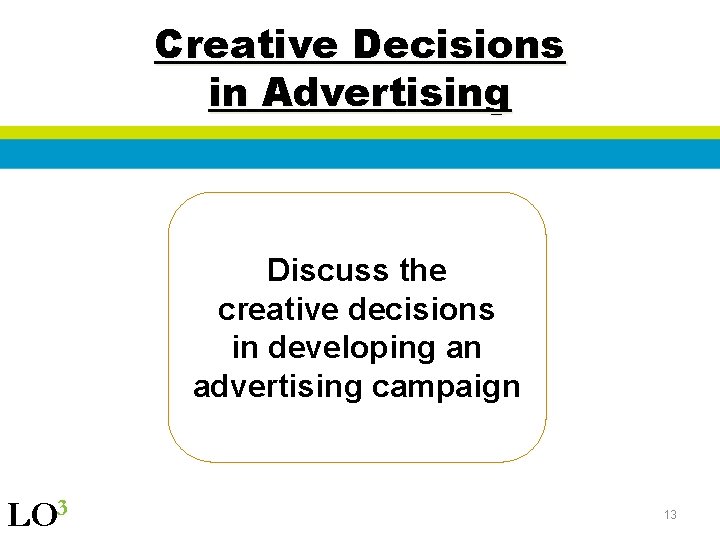 Creative Decisions in Advertising Discuss the creative decisions in developing an advertising campaign LO