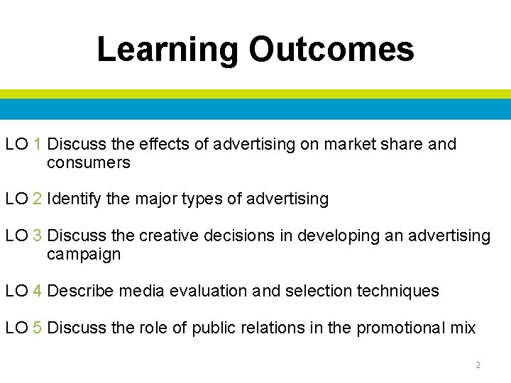 Learning Outcomes LO 1 Discuss the effects of advertising on market share and consumers