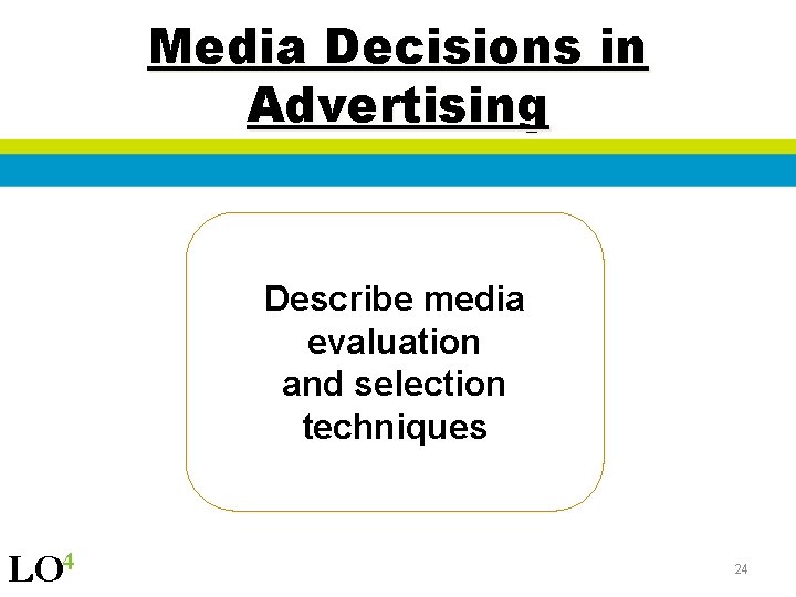 Media Decisions in Advertising Describe media evaluation and selection techniques LO 4 24 