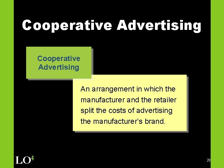 Cooperative Advertising An arrangement in which the manufacturer and the retailer split the costs