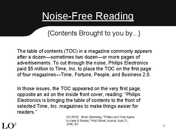 Noise-Free Reading {Contents Brought to you by. . . } The table of contents
