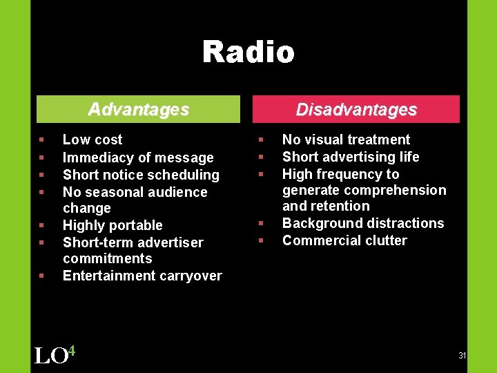 Radio Advantages § § § § Low cost Immediacy of message Short notice scheduling