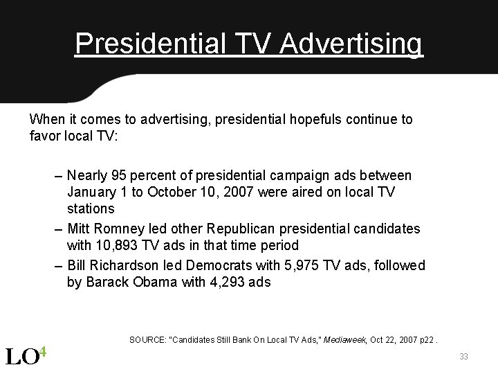 Presidential TV Advertising When it comes to advertising, presidential hopefuls continue to favor local