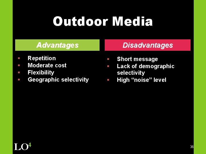 Outdoor Media Advantages § § Repetition Moderate cost Flexibility Geographic selectivity LO 4 Disadvantages