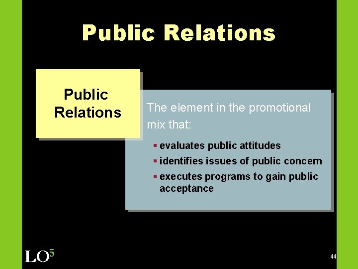 Public Relations The element in the promotional mix that: § evaluates public attitudes §