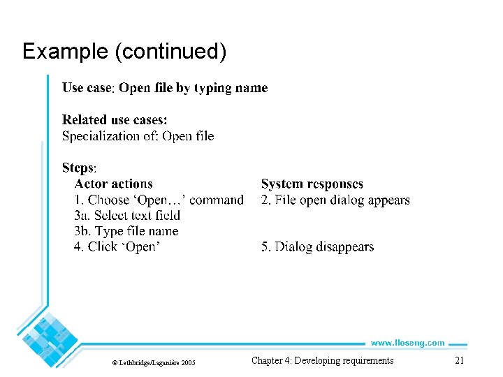 Example (continued) © Lethbridge/Laganière 2005 Chapter 4: Developing requirements 21 