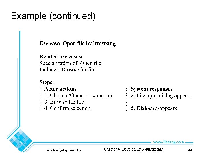 Example (continued) © Lethbridge/Laganière 2005 Chapter 4: Developing requirements 22 