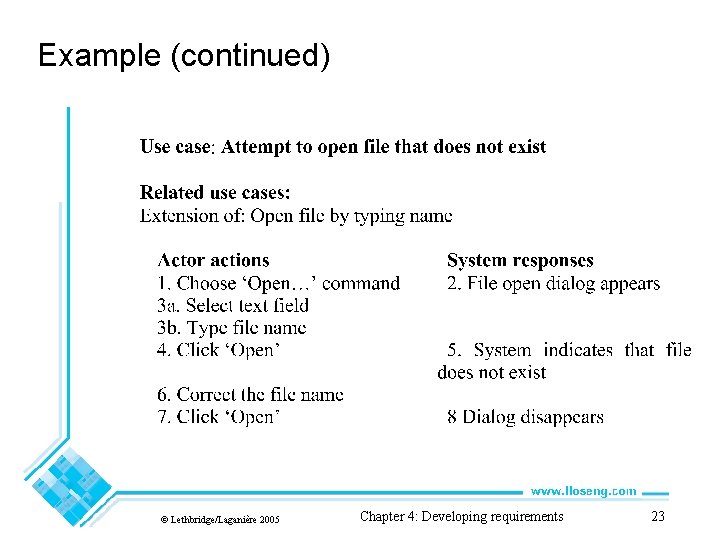 Example (continued) © Lethbridge/Laganière 2005 Chapter 4: Developing requirements 23 