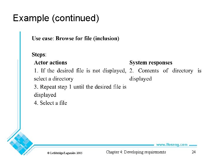 Example (continued) © Lethbridge/Laganière 2005 Chapter 4: Developing requirements 24 