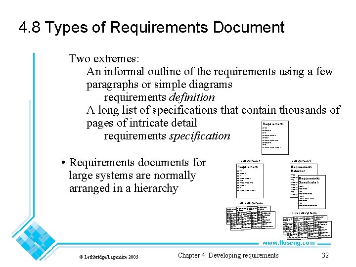 4. 8 Types of Requirements Document Two extremes: An informal outline of the requirements