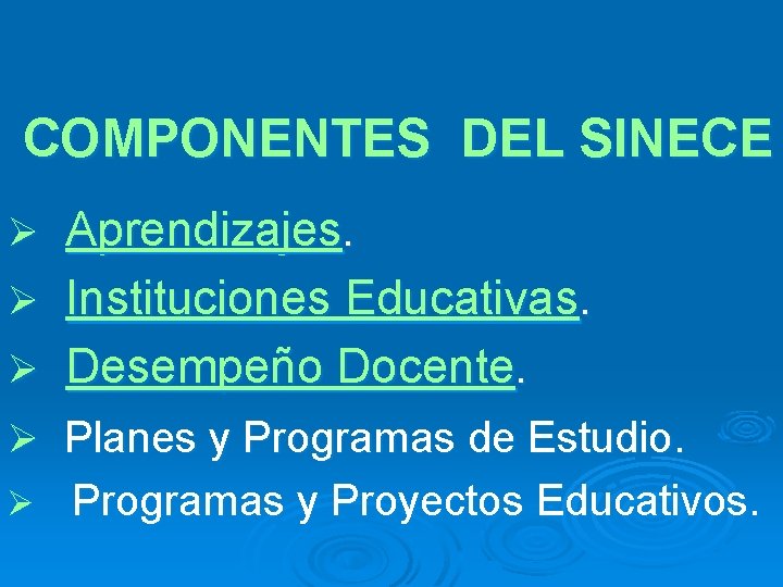 COMPONENTES DEL SINECE Aprendizajes. Ø Instituciones Educativas. Ø Desempeño Docente. Ø Ø Planes y