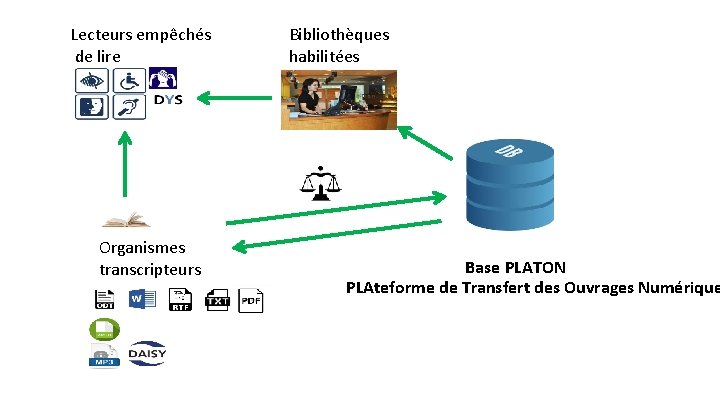 Lecteurs empêchés de lire Organismes transcripteurs Bibliothèques habilitées Base PLATON PLAteforme de Transfert des