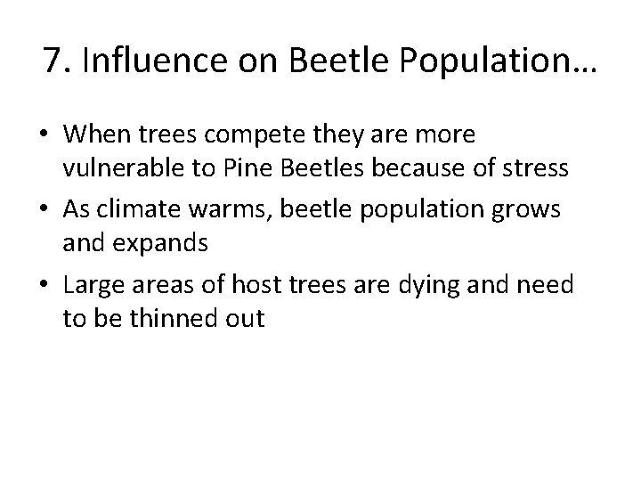 7. Influence on Beetle Population… • When trees compete they are more vulnerable to