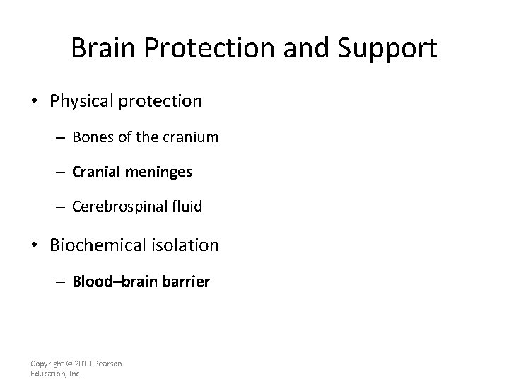 Brain Protection and Support • Physical protection – Bones of the cranium – Cranial