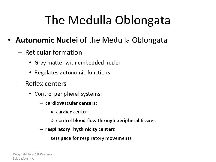 The Medulla Oblongata • Autonomic Nuclei of the Medulla Oblongata – Reticular formation •