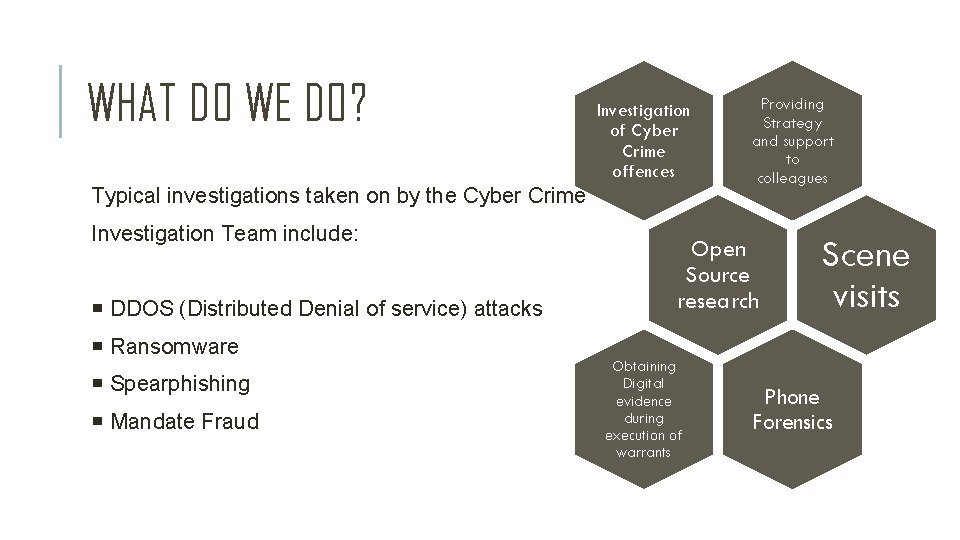 WHAT DO WE DO? Investigation of Cyber Crime offences Typical investigations taken on by