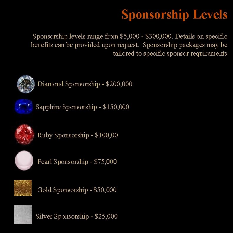 Sponsorship Levels Sponsorship levels range from $5, 000 $300, 000. Details on specific benefits