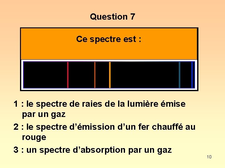 Question 7 Ce spectre est : 1 : le spectre de raies de la