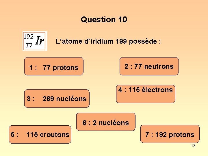 Question 10 L’atome d’iridium 199 possède : 2 : 77 neutrons 1 : 77