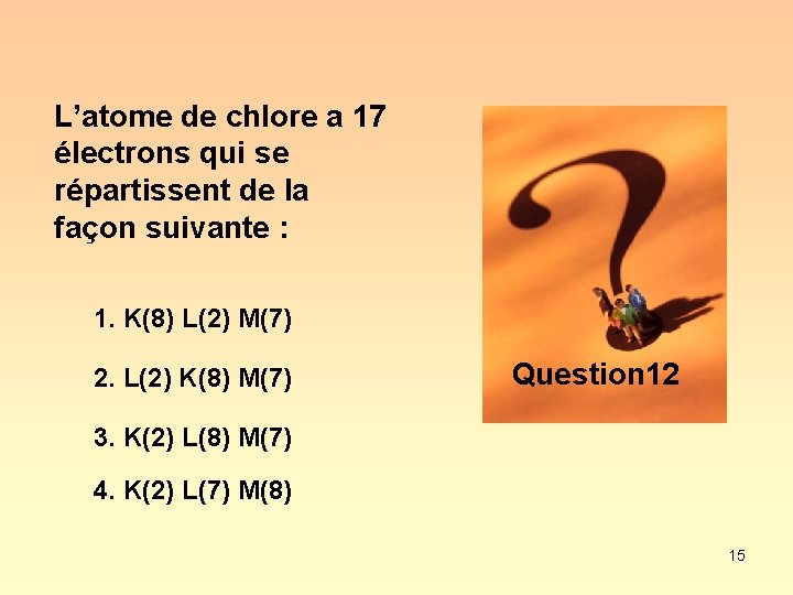 L’atome de chlore a 17 électrons qui se répartissent de la façon suivante :