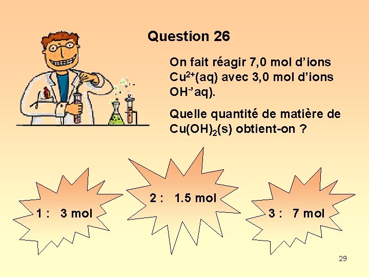 Question 26 On fait réagir 7, 0 mol d’ions Cu 2+(aq) avec 3, 0