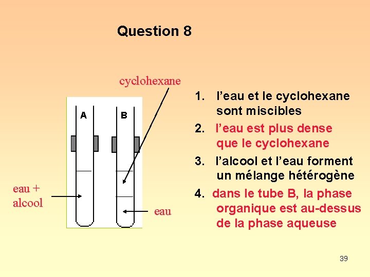 Question 8 cyclohexane A eau + alcool B eau 1. l’eau et le cyclohexane