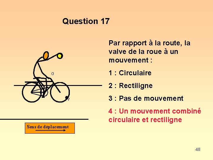 Question 17 Par rapport à la route, la valve de la roue à un