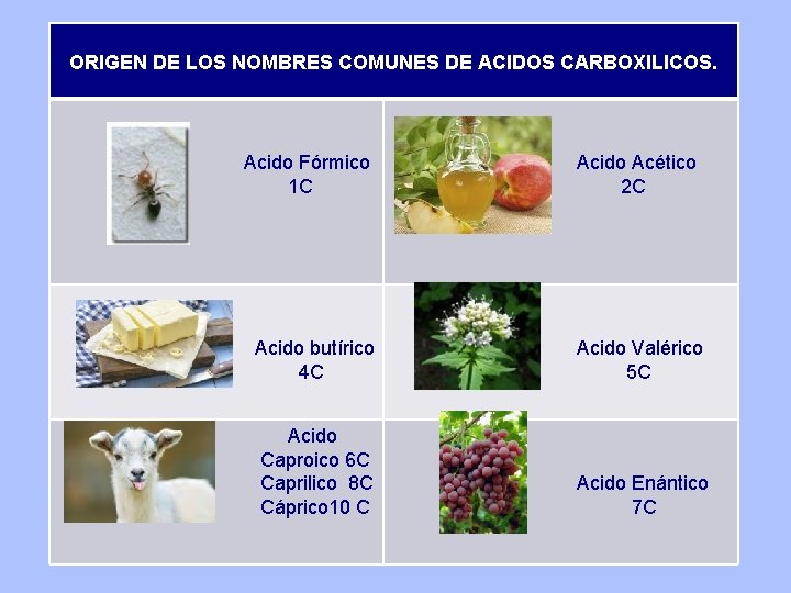 ORIGEN DE LOS NOMBRES COMUNES DE ACIDOS CARBOXILICOS. Acido Fórmico 1 C Acido Acético