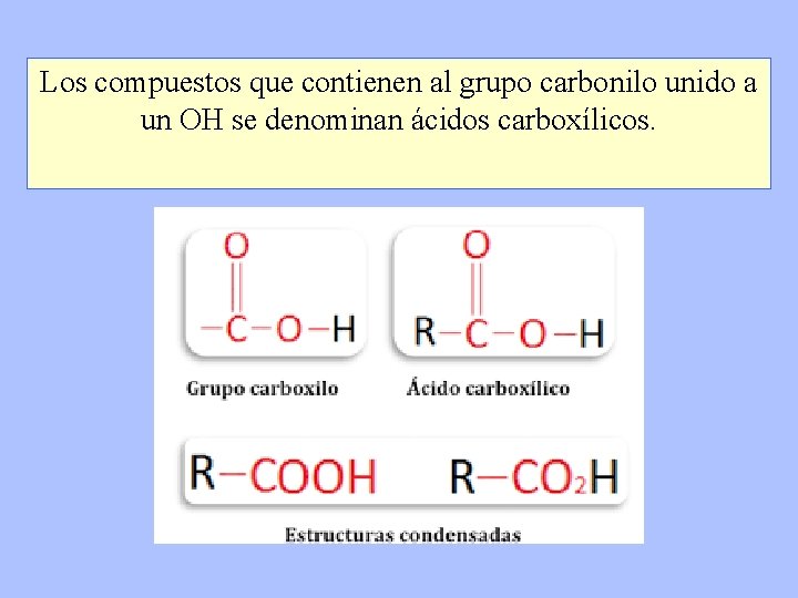 Los compuestos que contienen al grupo carbonilo unido a un OH se denominan ácidos