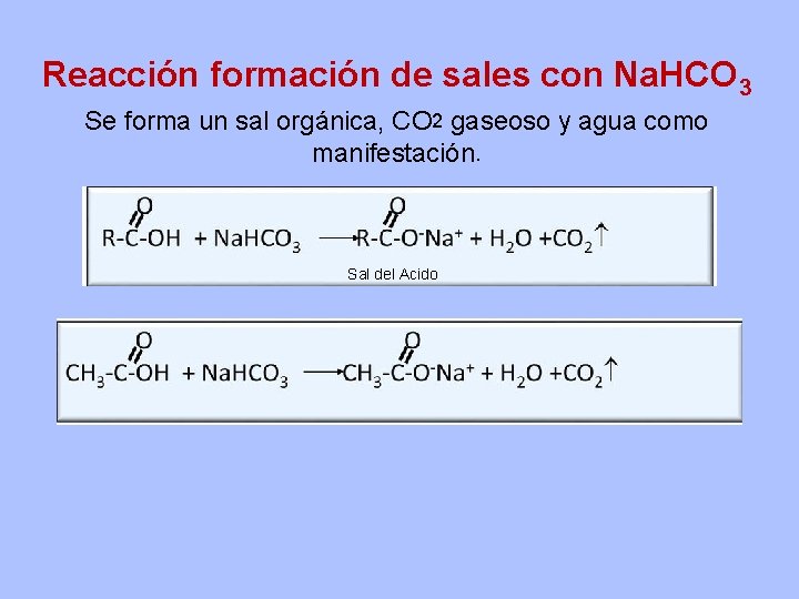 Reacción formación de sales con Na. HCO 3 Se forma un sal orgánica, CO