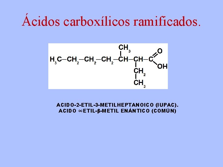 Ácidos carboxílicos ramificados. ACIDO-2 -ETIL-3 -METILHEPTANOICO (IUPAC). ACIDO ∝ETIL-β-METIL ENÁNTICO (COMÚN) 