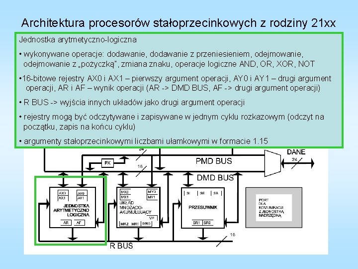 Architektura procesorów stałoprzecinkowych z rodziny 21 xx Jednostka arytmetyczno-logiczna • wykonywane operacje: dodawanie, dodawanie