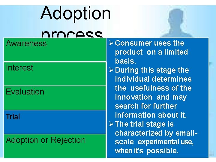 Adoption process Consumer uses the Awareness Interest Evaluation Adoption or Rejection product on a Adoption process Consumer uses the Awareness Interest Evaluation Adoption or Rejection product on a
