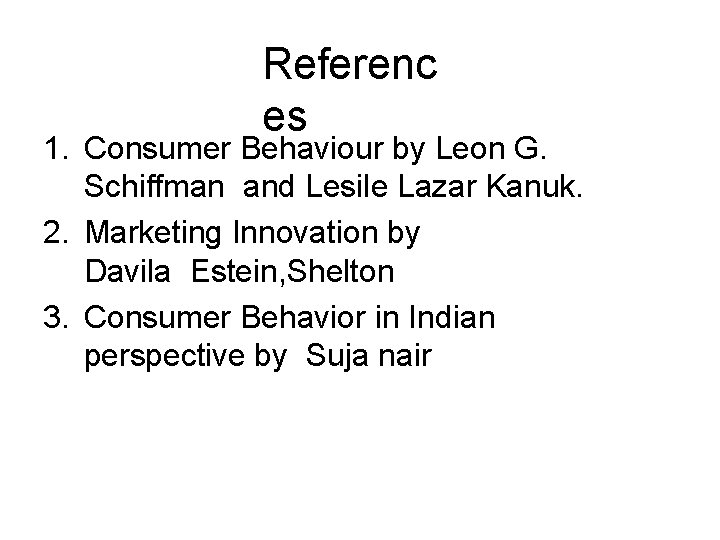 Referenc es 1. Consumer Behaviour by Leon G. Schiffman and Lesile Lazar Kanuk. 2. Referenc es 1. Consumer Behaviour by Leon G. Schiffman and Lesile Lazar Kanuk. 2.
