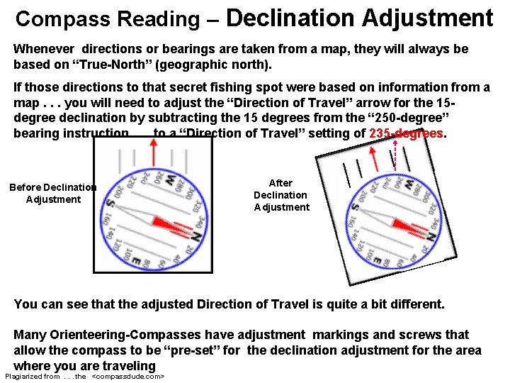 Compass Reading – Declination Adjustment Whenever directions or bearings are taken from a map,