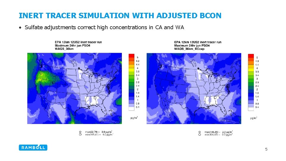 INERT TRACER SIMULATION WITH ADJUSTED BCON • Sulfate adjustments correct high concentrations in CA