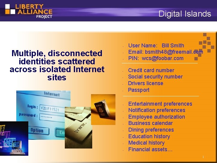 Digital Islands • Multiple, disconnected identities scattered across isolated Internet sites • • •