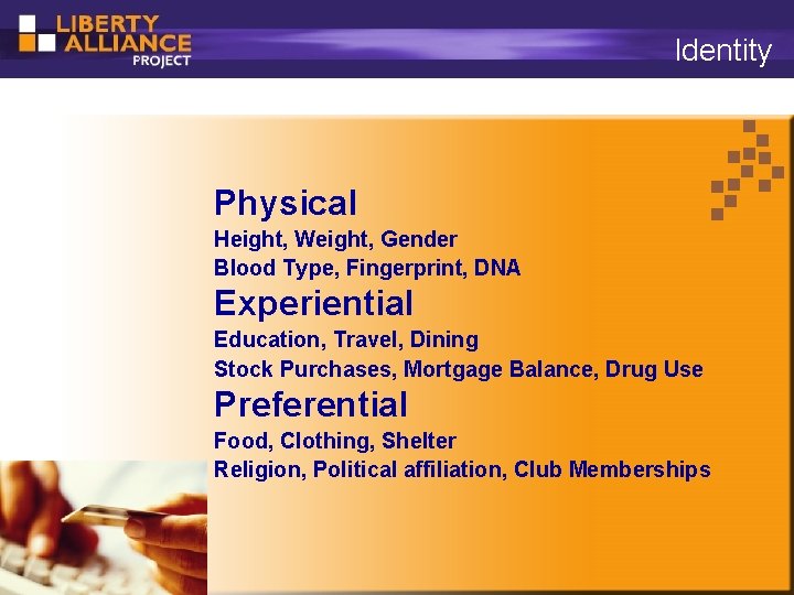 Identity Physical Height, Weight, Gender Blood Type, Fingerprint, DNA Experiential Education, Travel, Dining Stock