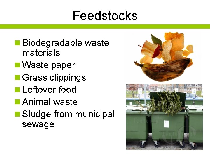 Feedstocks n Biodegradable waste materials n Waste paper n Grass clippings n Leftover food